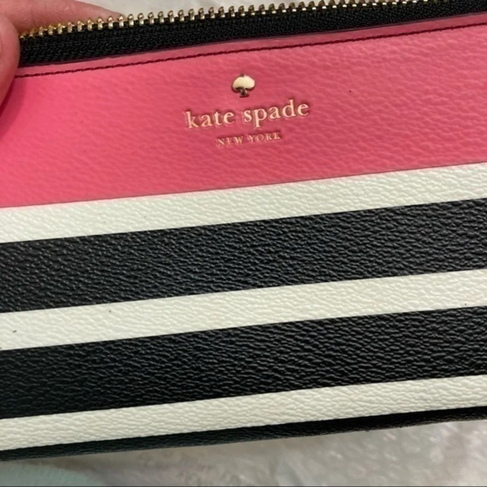 Kate spade black pink white striped zipper clutch wallet